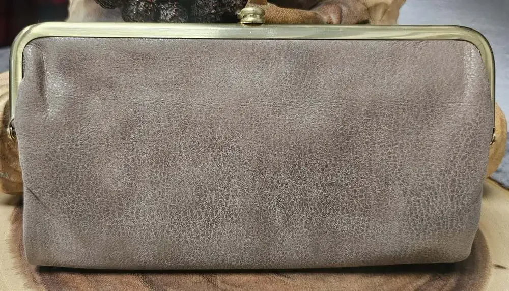 HOBO International Lauren Taupe Soft Leather Double Frame Kisslock Clutch Wallet